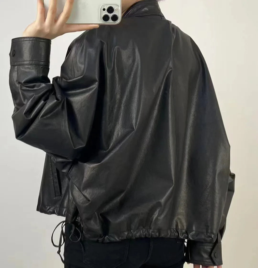 Collective Oversized - Women's Leather Bomber Black Timeless