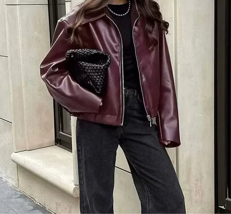 Collective Oversized - Women's Faux Leather Jacket Wine Red