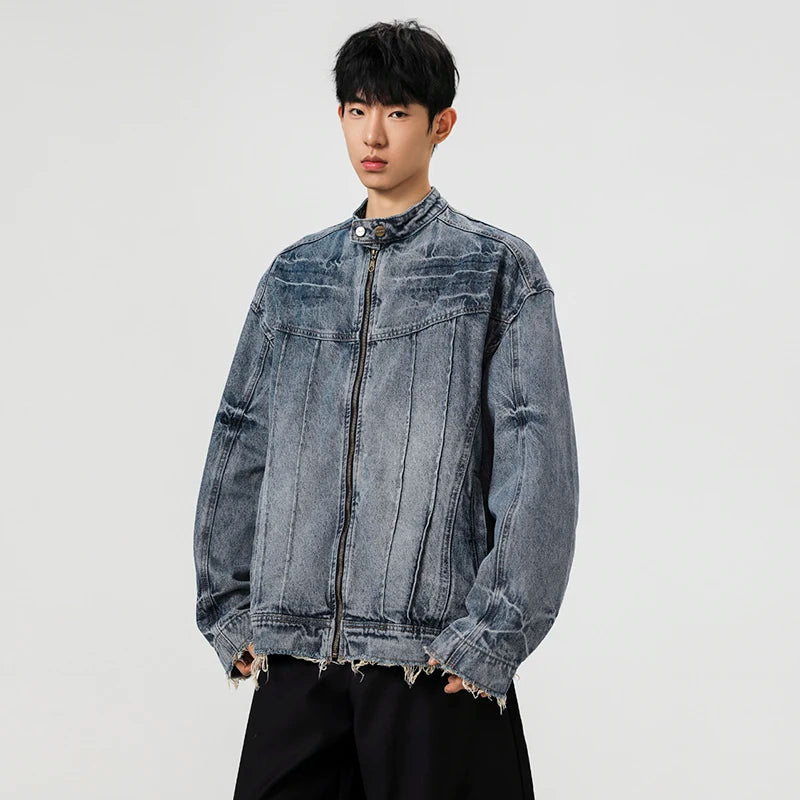 Collective Oversized - Men's Denim Jacket Stand Collar Blue