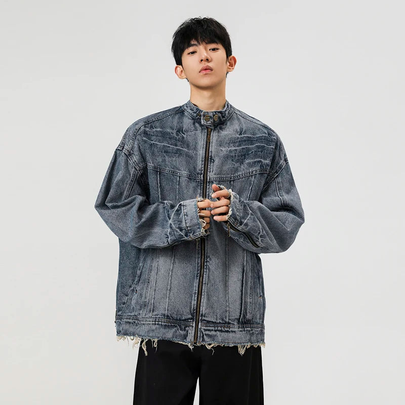 Collective Oversized - Men's Denim Jacket Stand Collar Blue