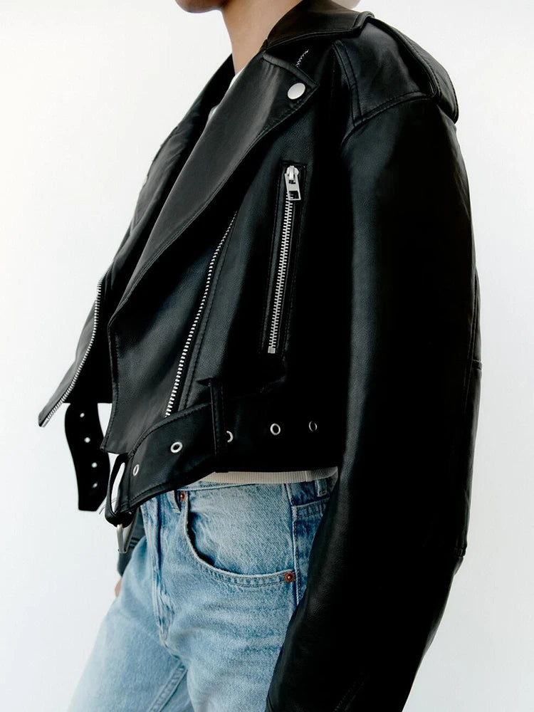 Collective Oversized - Women's PU Leather Jacket Black Belt