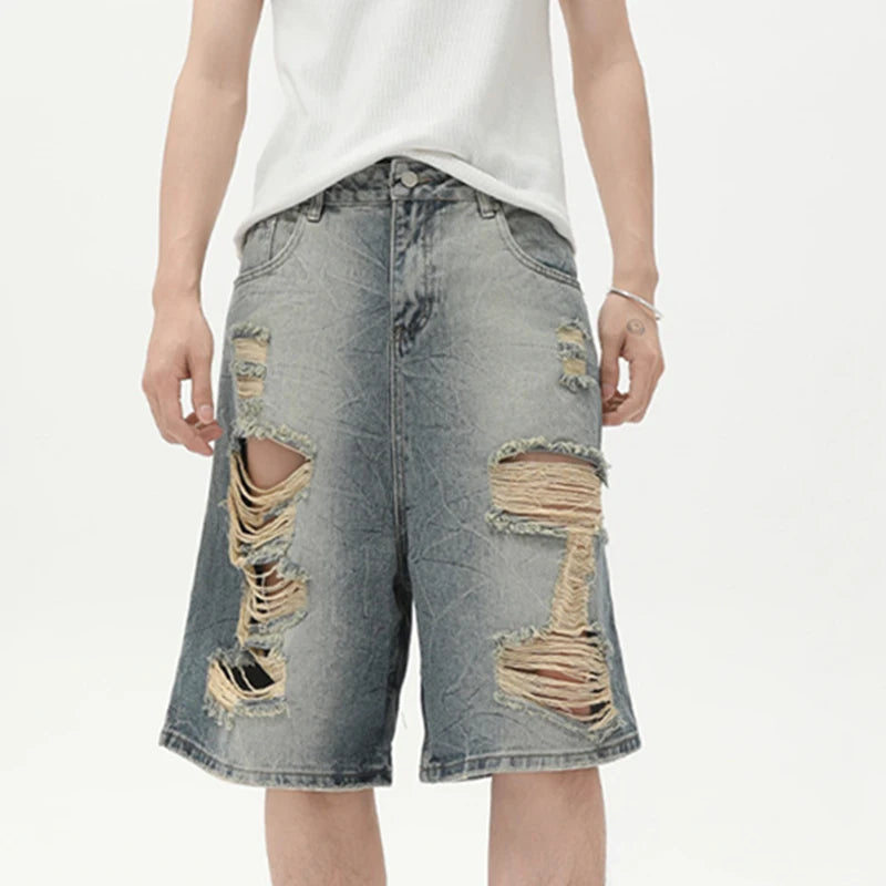 Collective Oversized - Men's Distressed Denim Shorts Navy