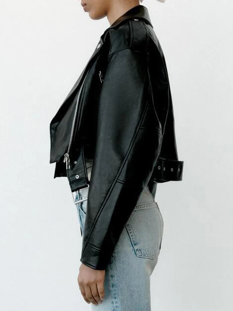 Collective Oversized - Women's PU Leather Jacket Black Belt