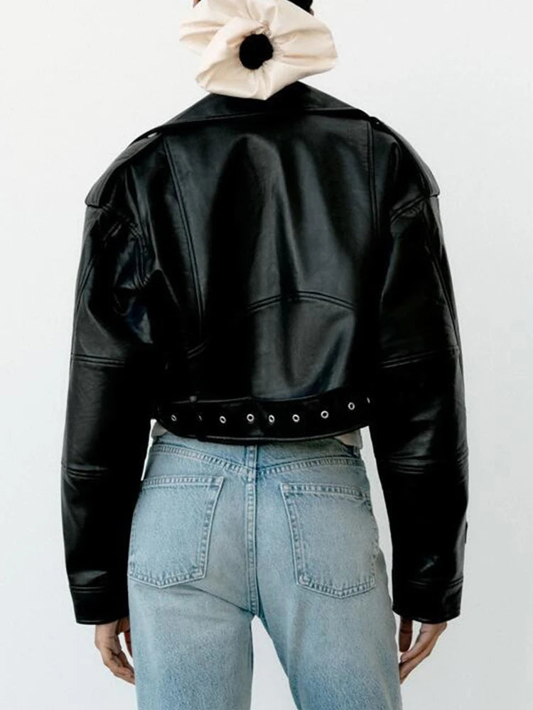 Collective Oversized - Women's PU Leather Jacket Black Belt