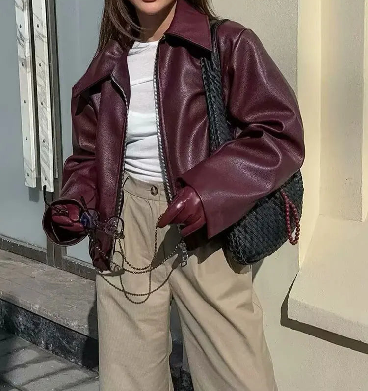 Collective Oversized - Women's Faux Leather Jacket Wine Red