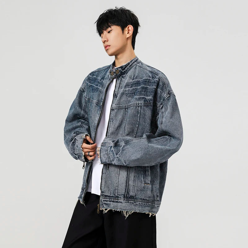 Collective Oversized - Men's Denim Jacket Stand Collar Blue