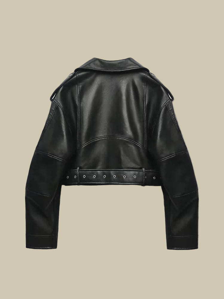 Collective Oversized - Women's PU Leather Jacket Black Belt