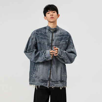Collective Oversized - Men's Denim Jacket Stand Collar Blue
