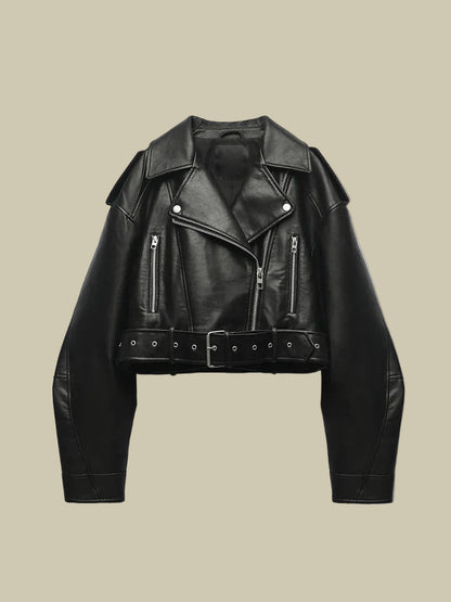 Collective Oversized - Women's PU Leather Jacket Black Belt