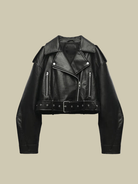 Collective Oversized - Women's PU Leather Jacket Black Belt