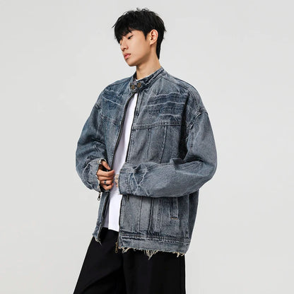 Collective Oversized - Men's Denim Jacket Stand Collar Blue