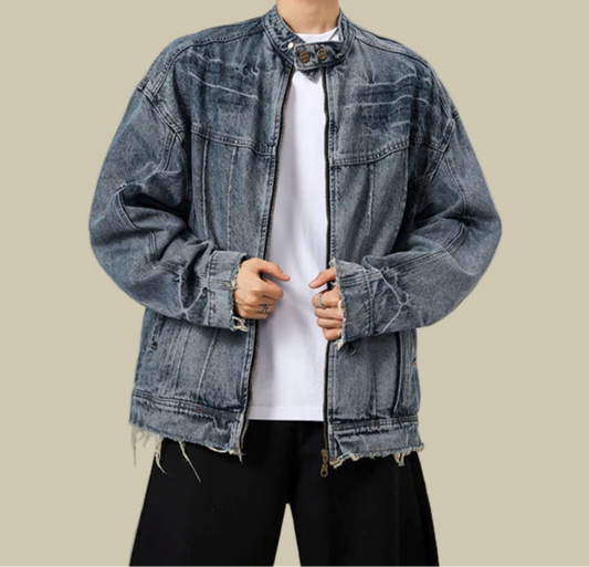 Collective Oversized - Men's Denim Jacket Stand Collar Blue